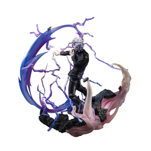 Three-quarter view of the Satoru Gojo DX figure highlighting the swirling purple energy and intricate sculpting.
