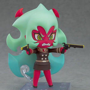 Scanty Nendoroid figure with a sharp-toothed angry expression face plate, dual-wielding her transformed gun weapons Double Gold Lacytanga.