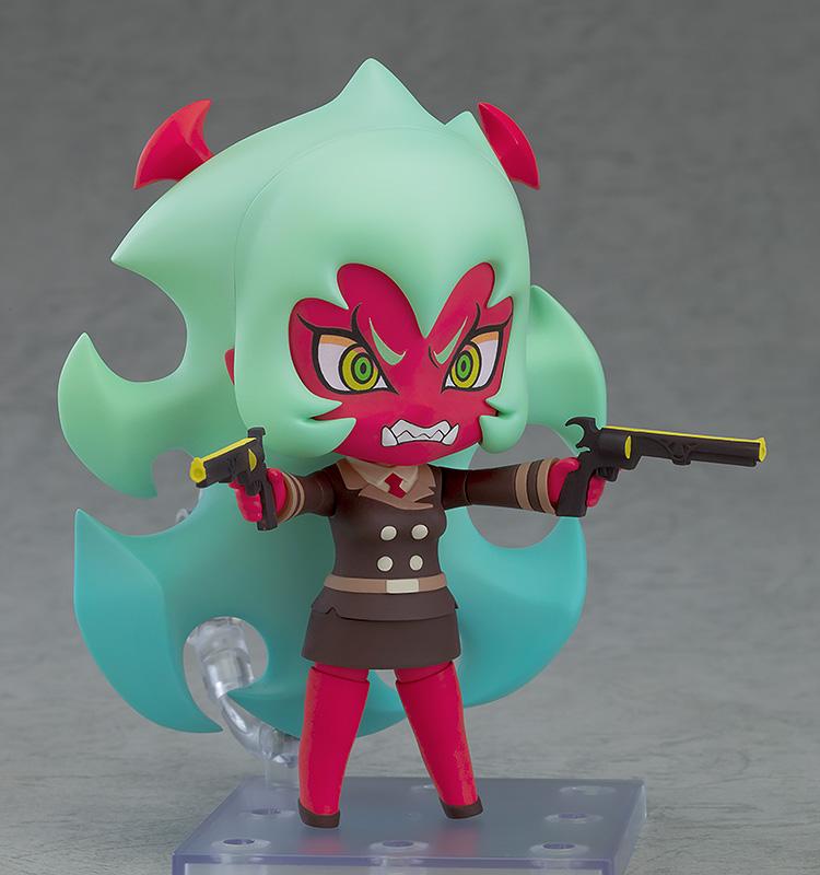 Scanty Nendoroid figure with a sharp-toothed angry expression face plate, dual-wielding her transformed gun weapons Double Gold Lacytanga.