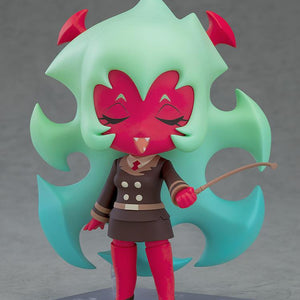 Close-up view of the Scanty Nendoroid anime figure showcasing a happy, closed-eyes smiling face plate while holding her whip accessory.