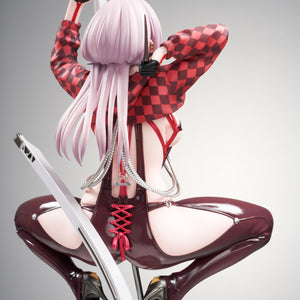 Close-up back view of the Scarlet figure showing the corset-style lacing on her dark red bodysuit and high heels.