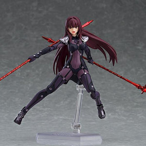 Dynamic mid-air leaping action pose of the Scathach figma figure featuring her shouting face plate while dual-wielding two red magic lances.