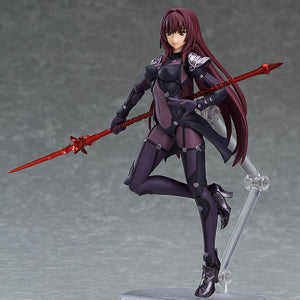 Three-quarter view of the Scathach figma action figure highlighting her fearless smile face plate while holding a crimson magic lance behind her back.
