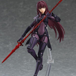 Front view of the Scathach figma Lancer figure with an expressionless look, posed on a clear articulated stand against a gray studio background.