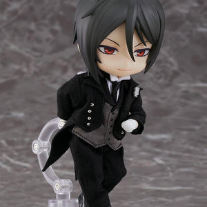 Black Butler Sebastian Michaelis Nendoroid Doll in a polite butler bowing stance wearing black fabric tailcoat.