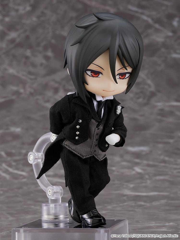 Black Butler Sebastian Michaelis Nendoroid Doll in a polite butler bowing stance wearing black fabric tailcoat.