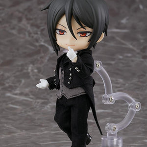 Sebastian Michaelis Nendoroid Doll posing with gloved finger to chin on clear articulated support stand.
