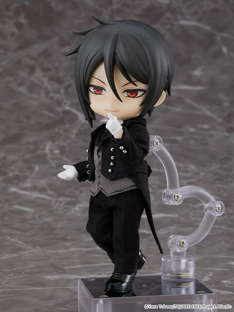 Sebastian Michaelis Nendoroid Doll posing with gloved finger to chin on clear articulated support stand.