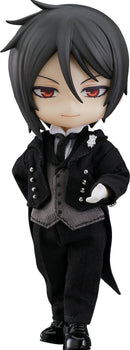 Isolated front view of Sebastian Michaelis Nendoroid Doll in full classic butler attire.