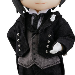 Isolated front view of Sebastian Michaelis Nendoroid Doll in full classic butler attire.