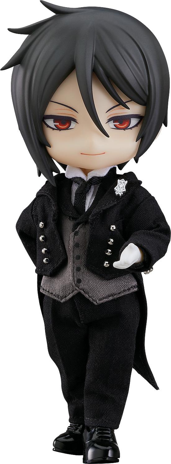 Isolated front view of Sebastian Michaelis Nendoroid Doll in full classic butler attire.