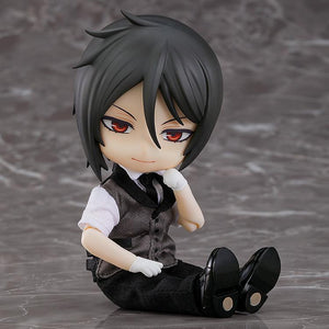 Sebastian Michaelis Nendoroid Doll seated without jacket showing vest, shirt, and magnetic dress shoe soles.
