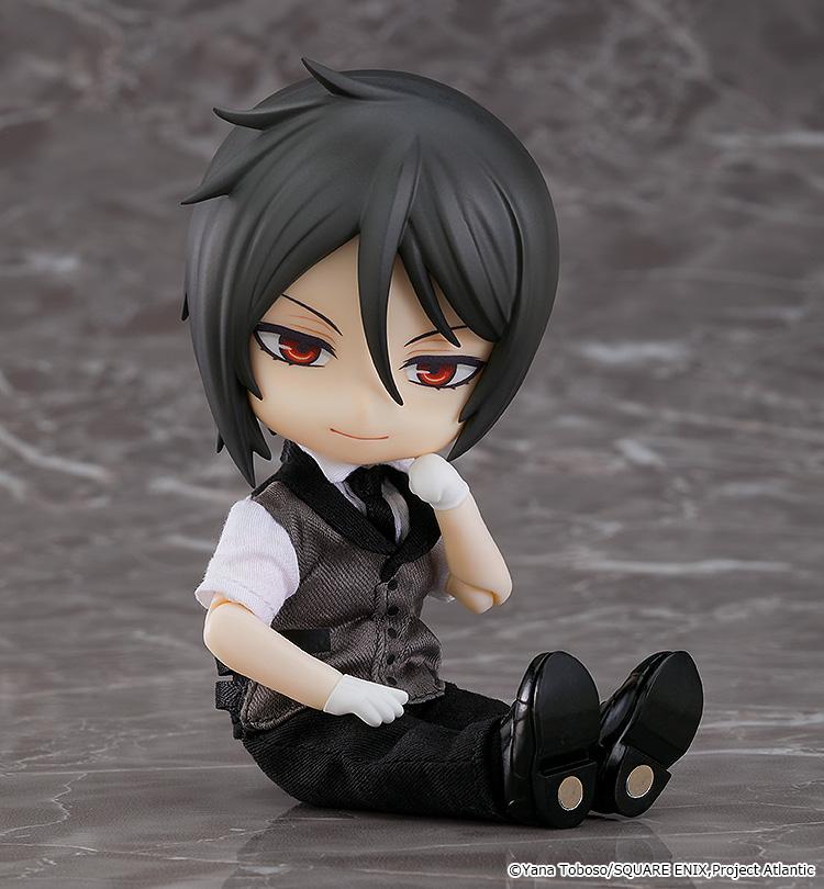 Sebastian Michaelis Nendoroid Doll seated without jacket showing vest, shirt, and magnetic dress shoe soles.