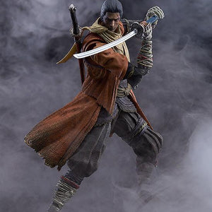 Atmospheric cinematic shot of the figma Sekiro drawing his katana against a thick smoke background for a dramatic display.
