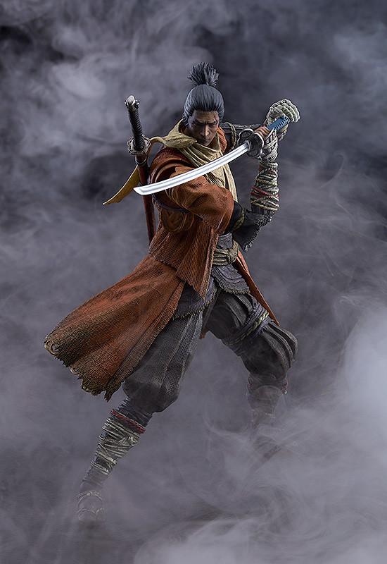 Atmospheric cinematic shot of the figma Sekiro drawing his katana against a thick smoke background for a dramatic display.