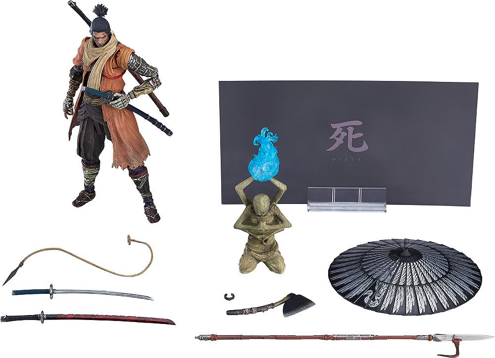 Full layout of the figma Sekiro DX Edition showing the shinobi action figure, Sculptor's Idol, and all prosthetic tool accessories.
