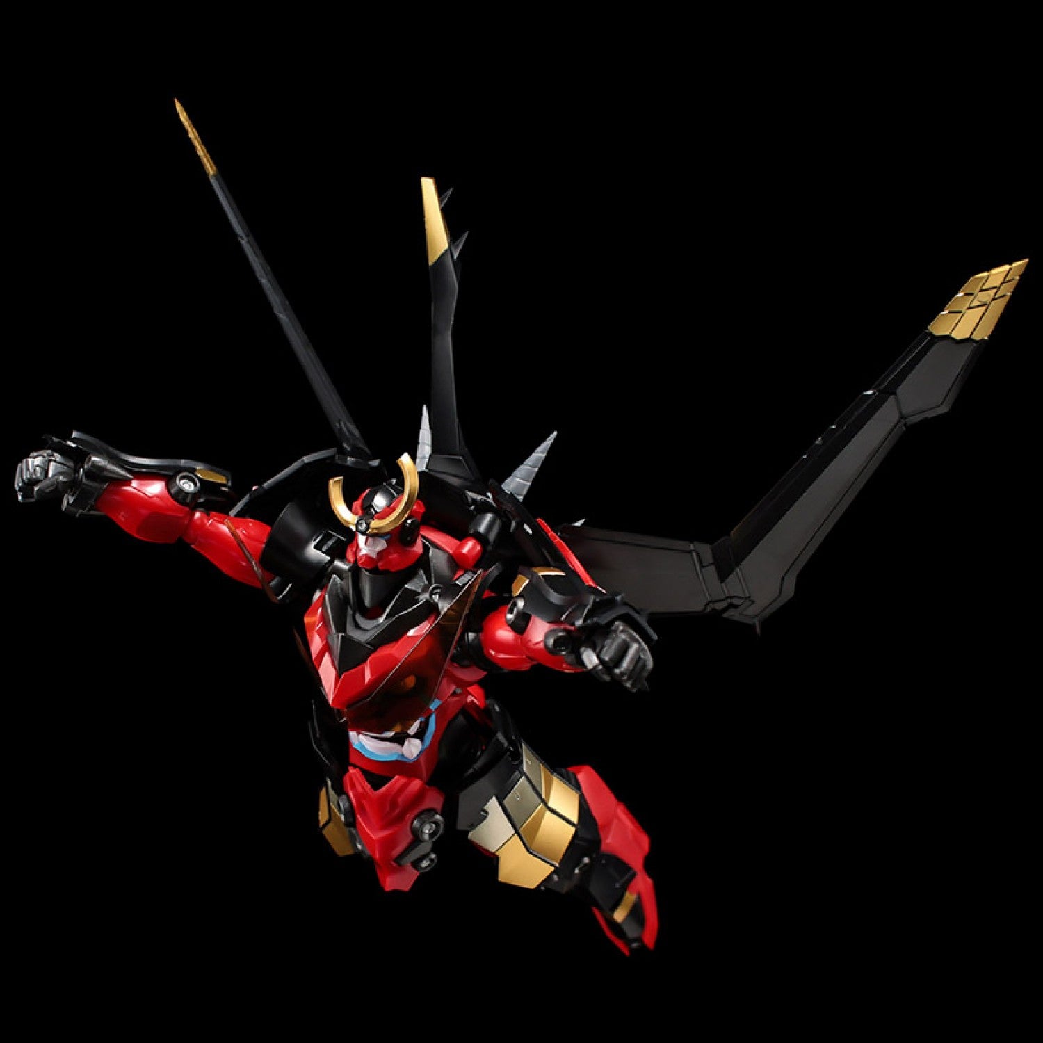 Mid-air diving flight action pose of the Sentinel PLAIOBOT Gurren Lagann model kit with forward-swept Crimson Wings.
