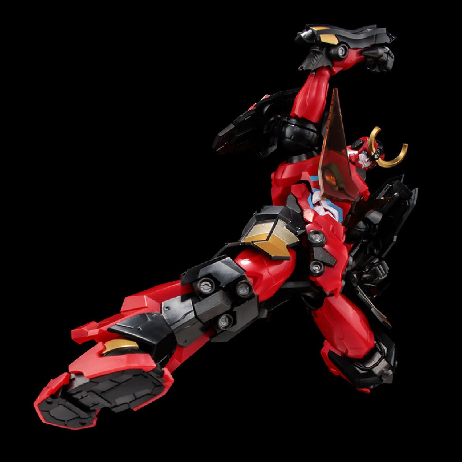 Dynamic low-angle action pose showcasing the high articulation and joint range of the Sentinel PLAIOBOT Gurren Lagann model kit.