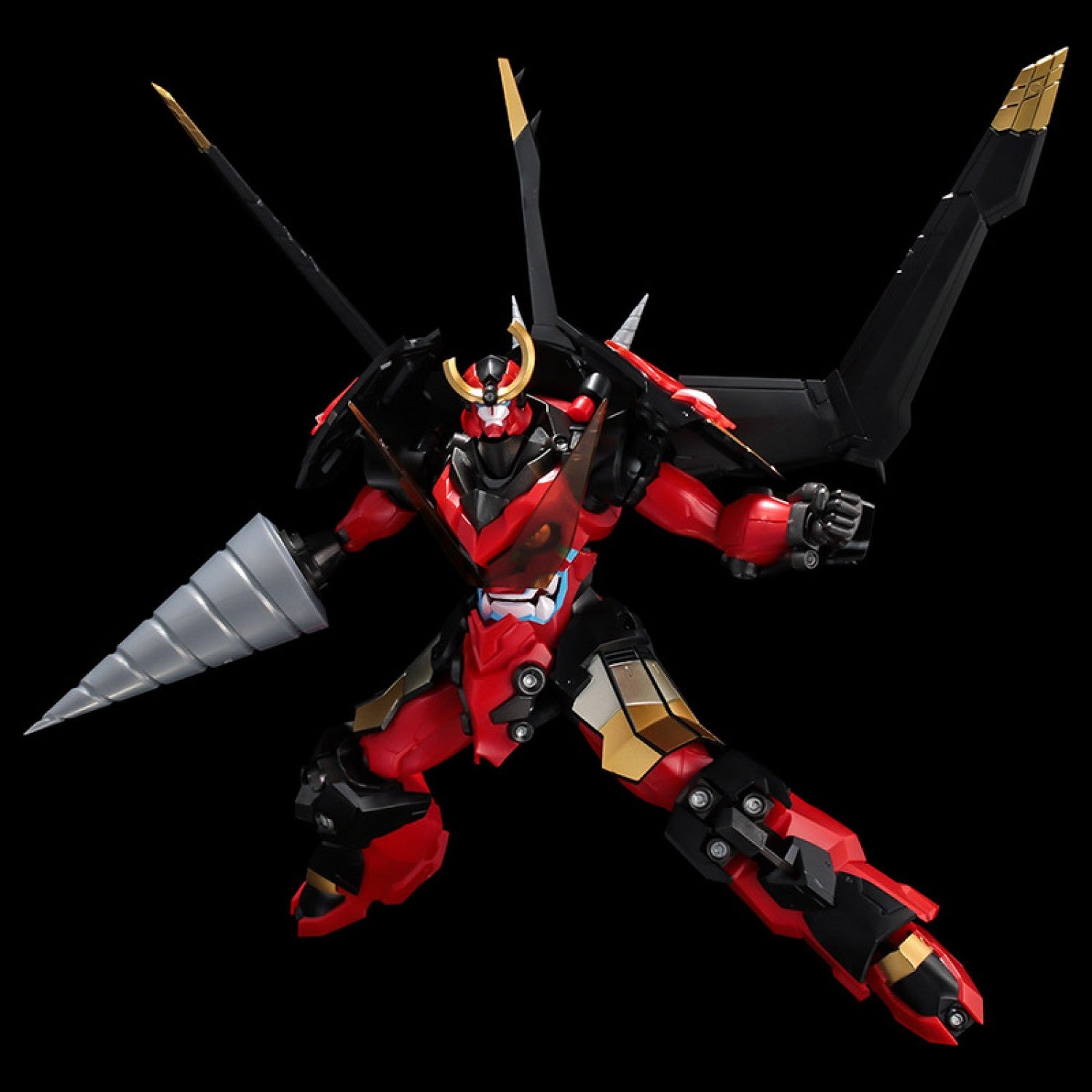 Fully equipped Sentinel PLAIOBOT Gurren Lagann featuring wide Crimson Wings and right arm Giga Drill in a wide power stance.