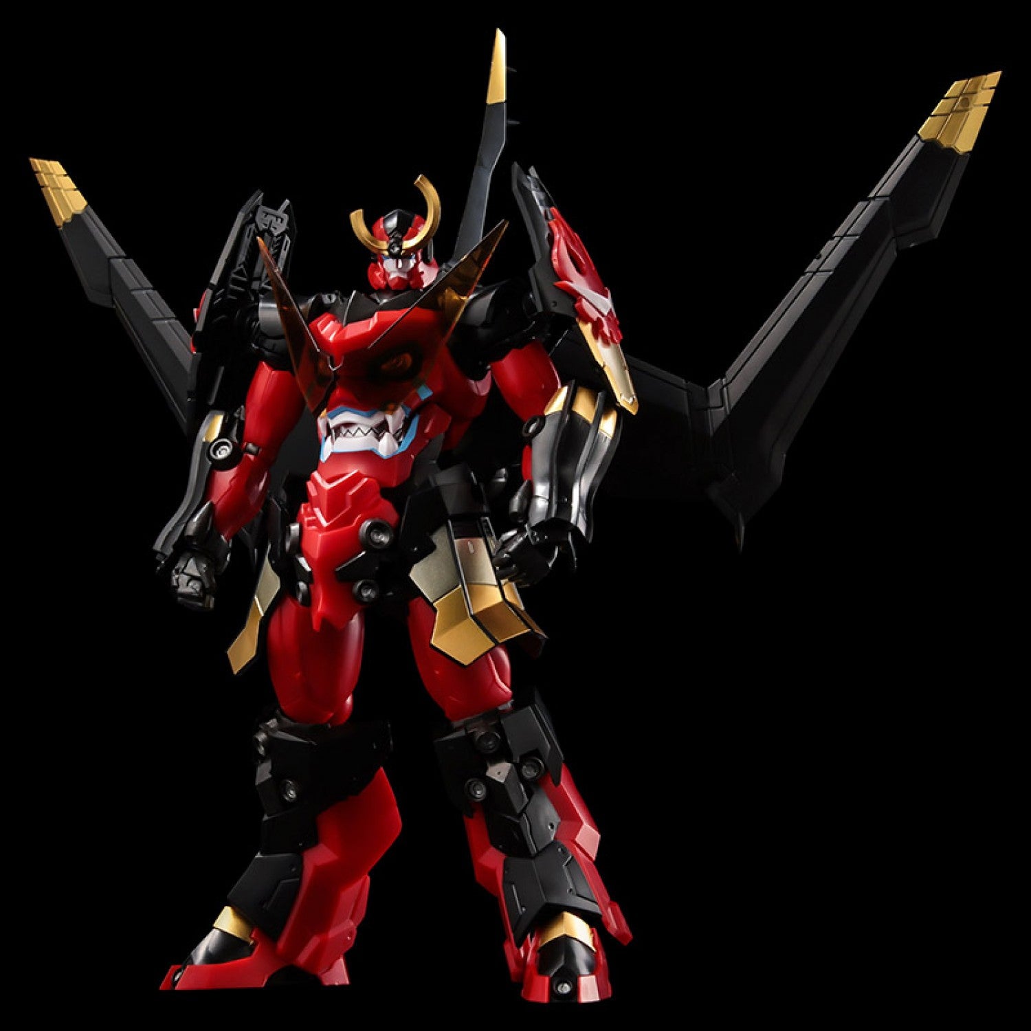 Full-body standing front view of the assembled Sentinel PLAIOBOT Gurren Lagann model kit with attached Crimson Wings.