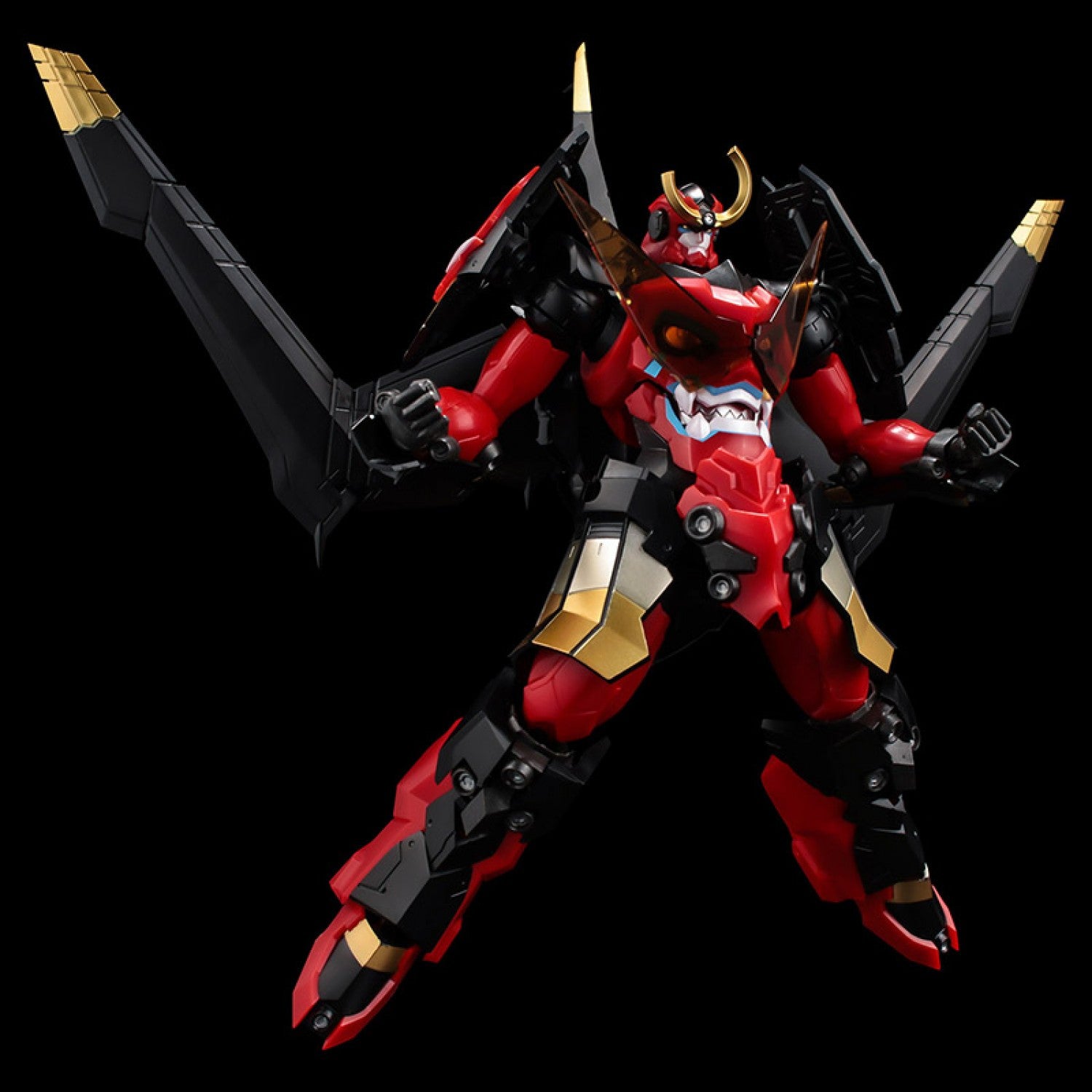 Front view of Sentinel PLAIOBOT Gurren Lagann model kit equipped with Crimson Wings flight pack in an articulated ready stance.