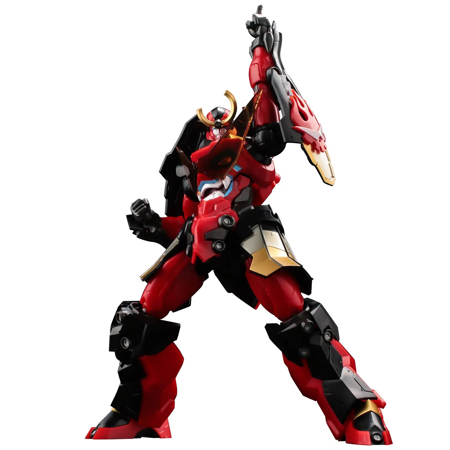 Studio cutout of Sentinel PLAIOBOT Gurren Lagann model kit in finger pointing skyward pose isolated on a clean white background.