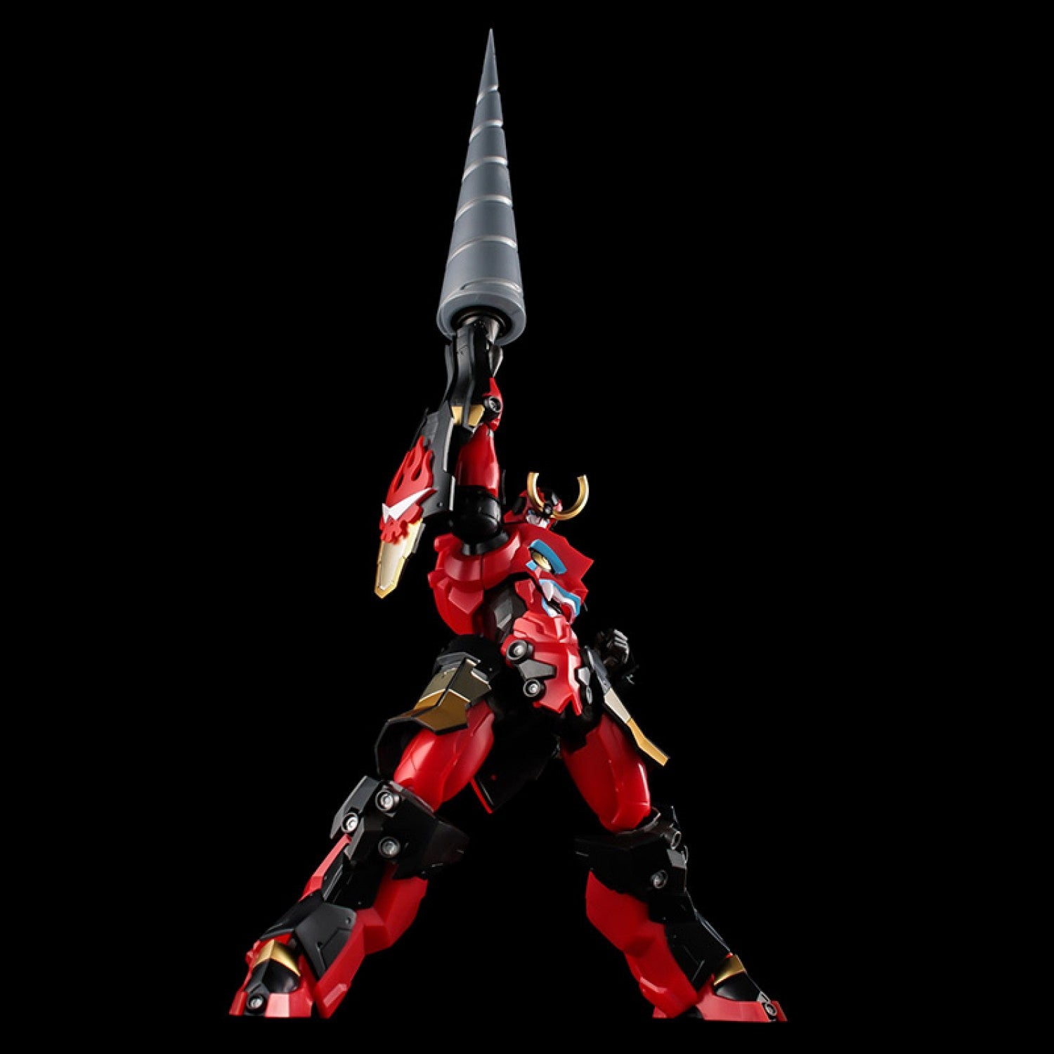 Sentinel PLAIOBOT Gurren Lagann posable model kit raising the large spiral drill vertically overhead.
