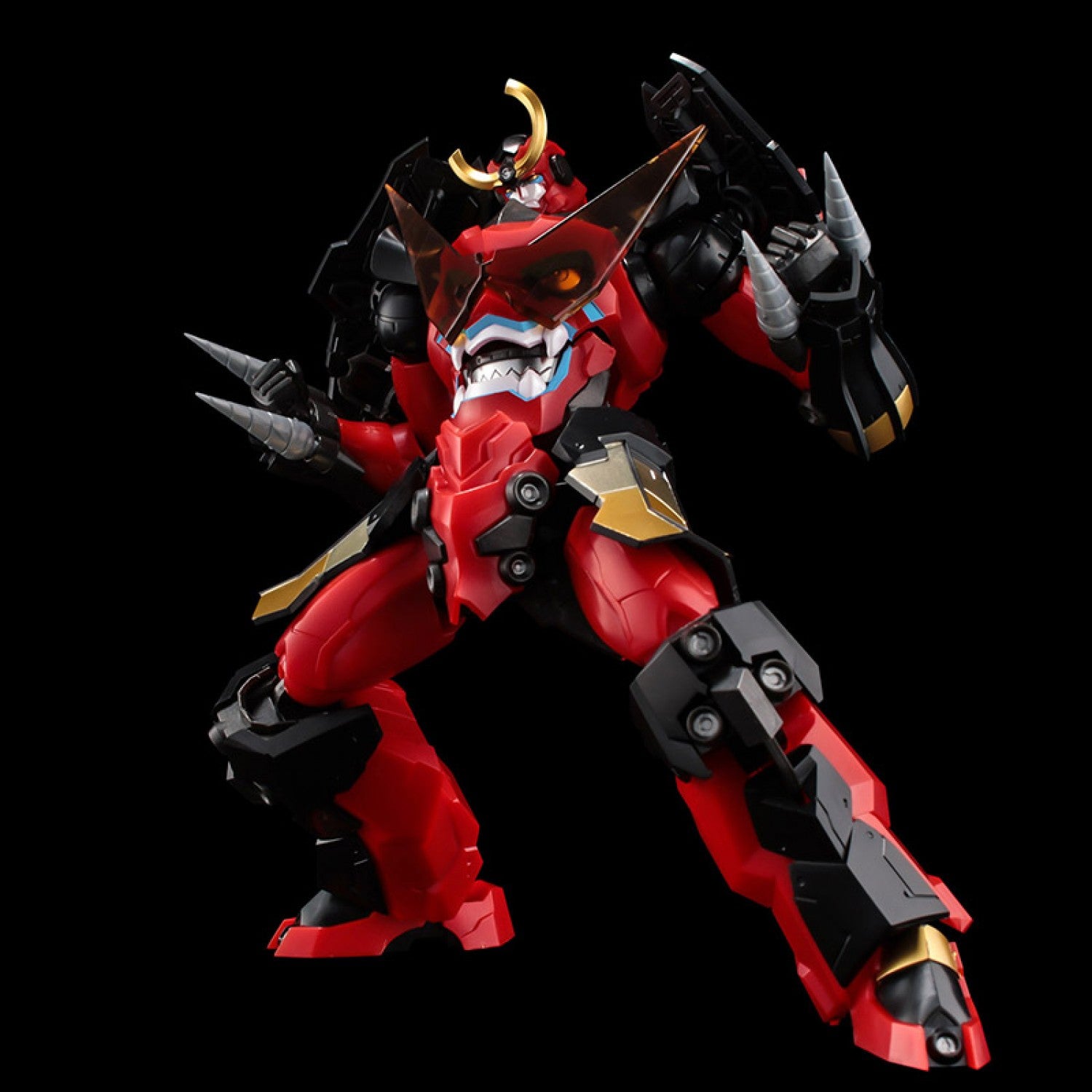 PLAIOBOT Gurren Lagann anime model kit displayed in a dynamic fighting stance equipped with multiple wrist and knuckle drill bits.