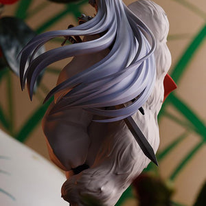 Rear view of the Sesshomaru statue highlighting his long silver hair and the detailed sculpt of his signature fur shoulder piece.