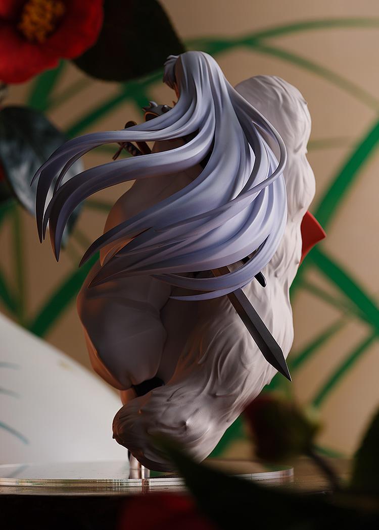 Rear view of the Sesshomaru statue highlighting his long silver hair and the detailed sculpt of his signature fur shoulder piece.