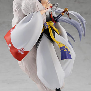 Full-length studio shot of the Sesshomaru 7.1-inch figure on a clear circular base with a grey background.