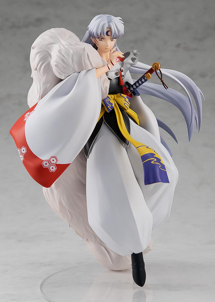 Full-length studio shot of the Sesshomaru 7.1-inch figure on a clear circular base with a grey background.
