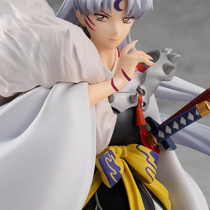 Detailed close-up of the Sesshomaru figure's face and torso, capturing the high-quality paint application of the Good Smile Company line.