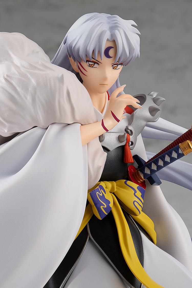 Detailed close-up of the Sesshomaru figure's face and torso, capturing the high-quality paint application of the Good Smile Company line.