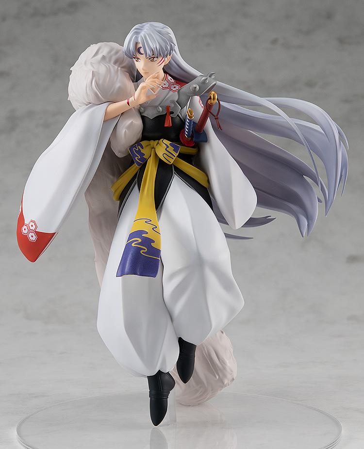 Side profile view of the Sesshomaru figure showcasing his iconic outfit, yellow sash, and sword hilt details.