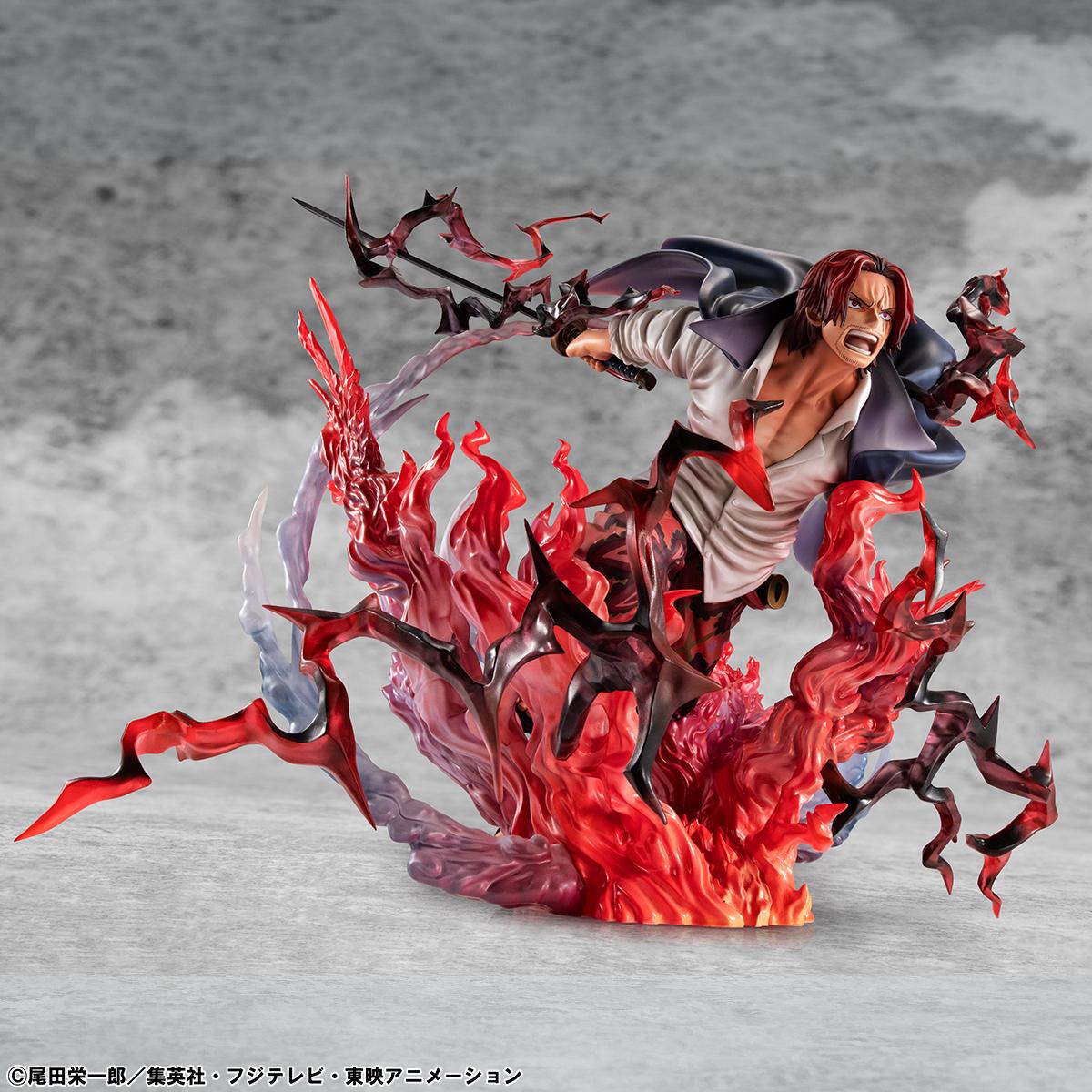 Full body view of Red-Haired Pirates Captain Shanks collectible statue featuring intricate flame-like haki effects.
