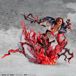 Full body view of Red-Haired Pirates Captain Shanks collectible statue featuring intricate flame-like haki effects.