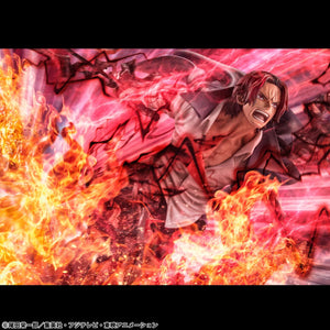 Stylized promotional action shot of the Shanks POP MAXIMUM statue with explosive red energy and haki effects.