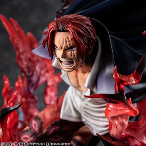 High-detail head sculpt close-up of Red-Haired Shanks with red eyes and shouting expression.