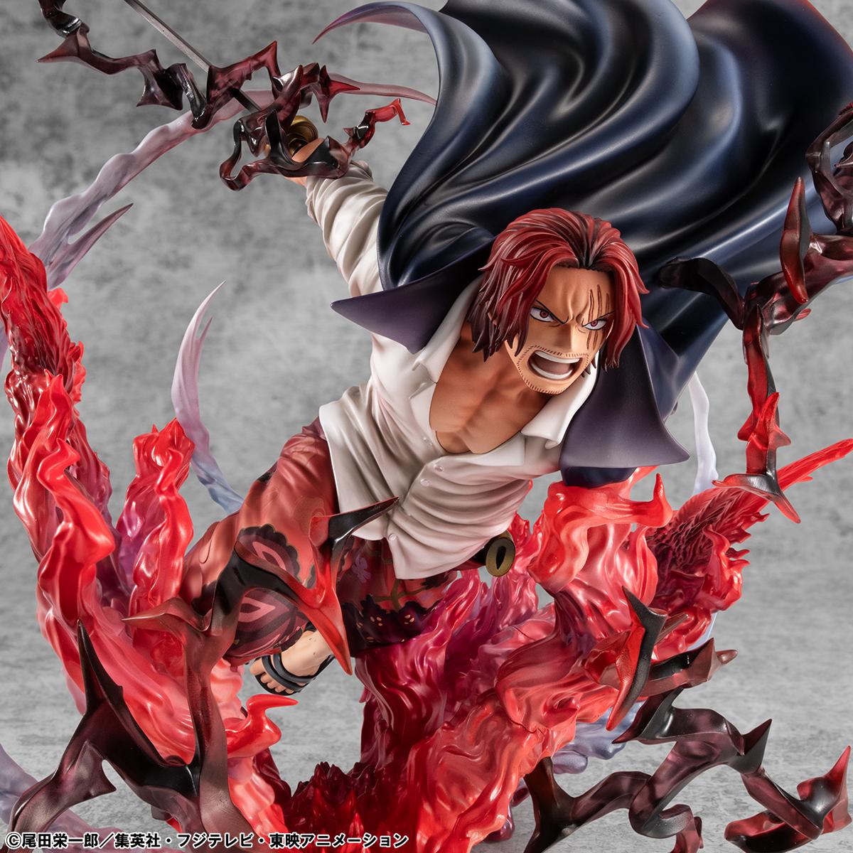 Close-up of the translucent red and purple haki energy surrounding the Shanks Kamusari statue.