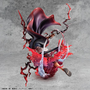 Side profile of the Red-Haired Shanks P.O.P figure focusing on the swirling energy base and cape movement.