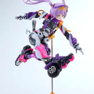 Mid-air roller skating action pose of the Motored Cyborg Runner Pop Tracker figure mounted dynamically on a display stand.