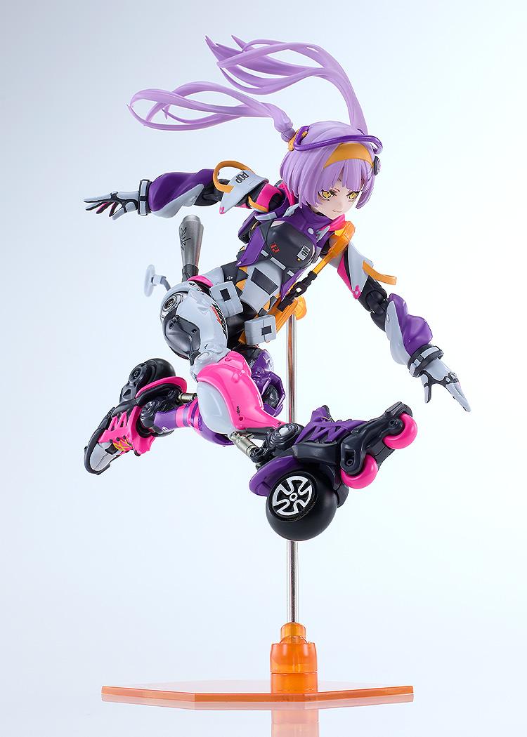 Mid-air roller skating action pose of the Motored Cyborg Runner Pop Tracker figure mounted dynamically on a display stand.