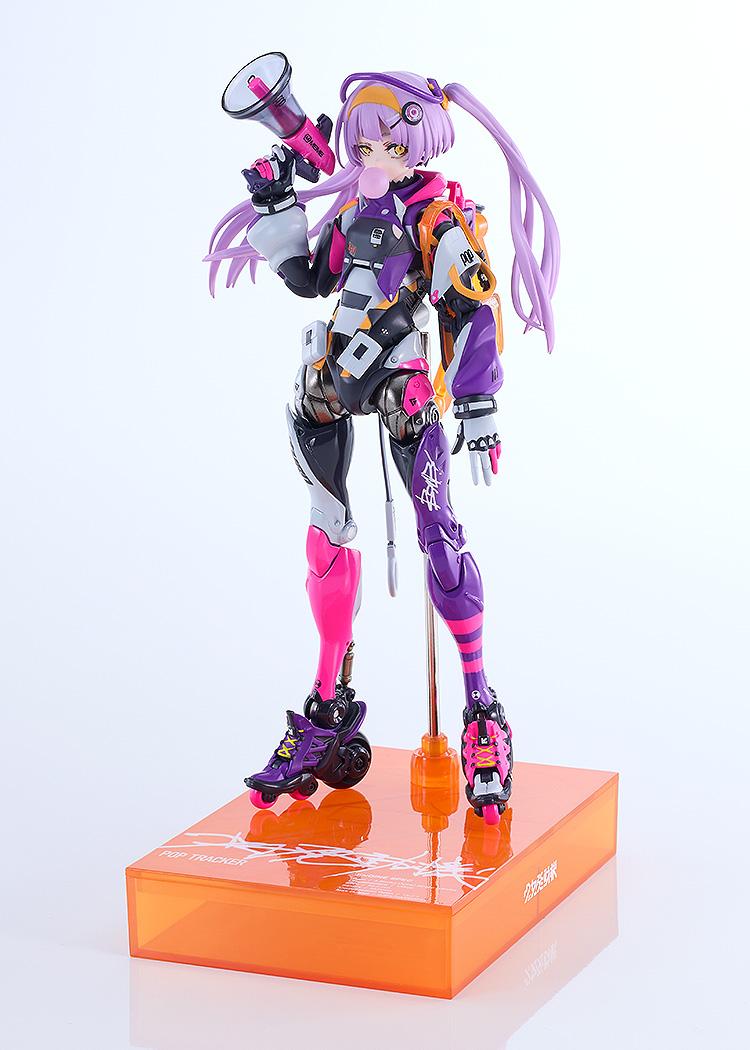 Full front view of the Motored Cyborg Runner SSX-155C Pop Tracker figure holding a megaphone with a bubble gum face plate.