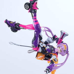Inverted aerial stunt pose of the Motored Cyborg Runner SSX-155C Pop Tracker figure suspended on a support stand rod.