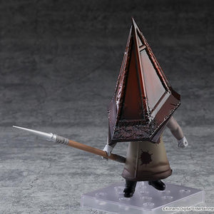 Side action pose of the Red Pyramid Thing Nendoroid figure wielding a spear horizontally on a transparent display stand.