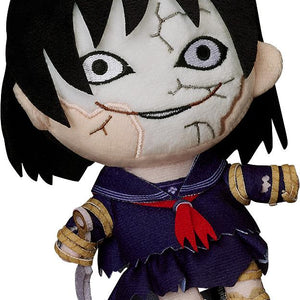 Front view of the Ayakakashi plushie from Silent Hill f, featuring a cracked mask-like face, sickle weapon, and dark blue school uniform.