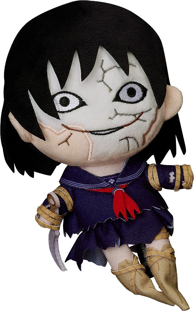 Front view of the Ayakakashi plushie from Silent Hill f, featuring a cracked mask-like face, sickle weapon, and dark blue school uniform.