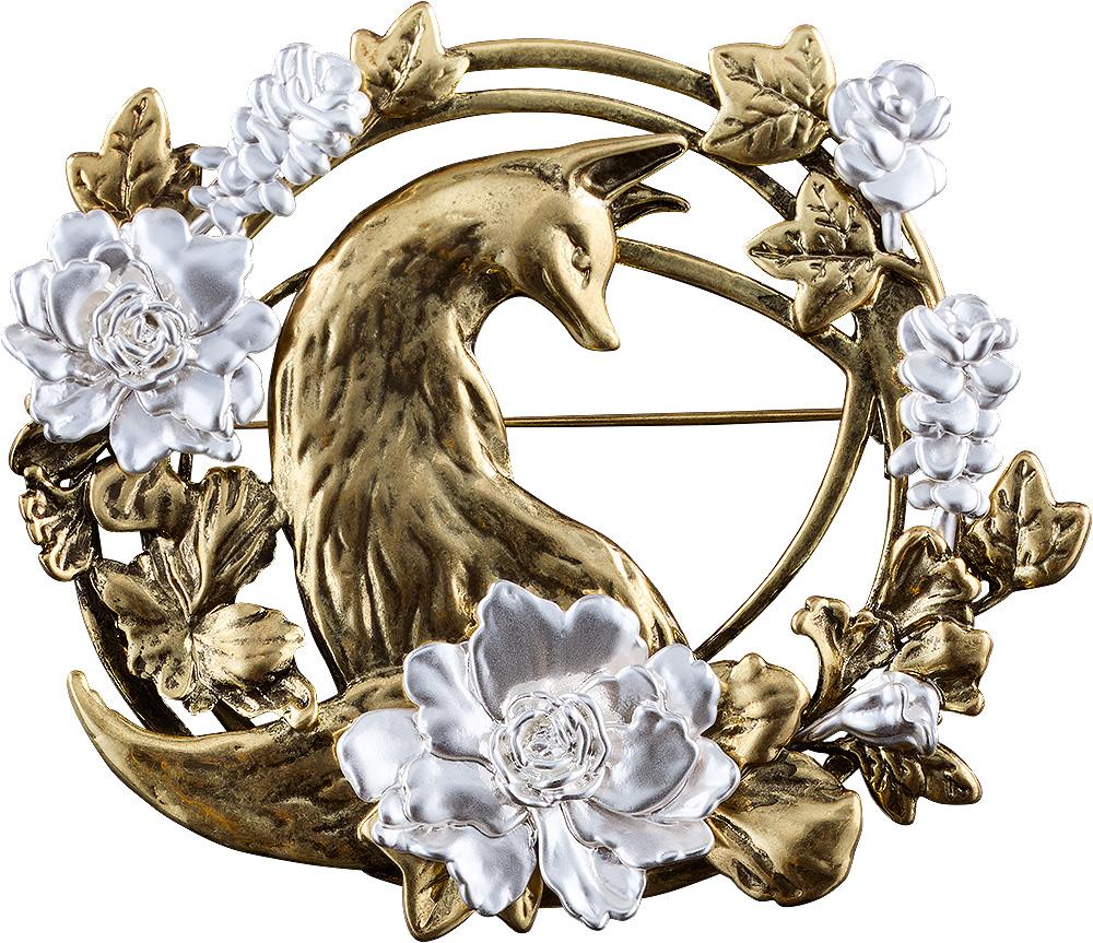 Front close-up view of the Silent Hill f brass brooch replica on a white background, featuring a sculpted fox with silver floral accents.