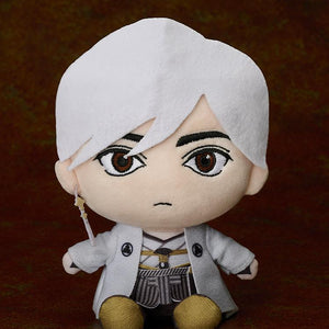 Fox Mask plushie with the mask removed, revealing the character's face with white hair and brown eyes.